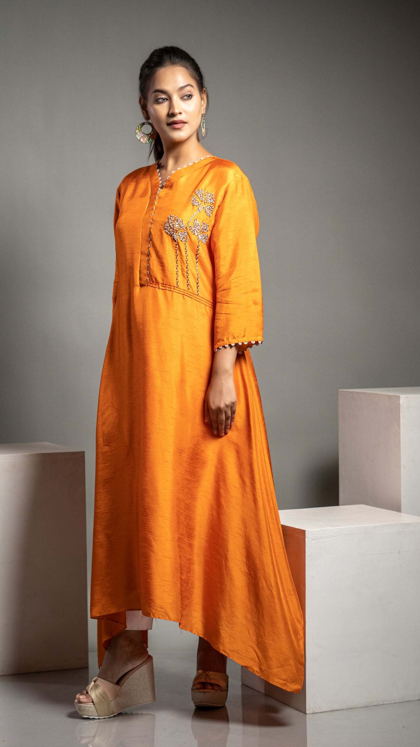 TANGERINE KURTA WITH HAND WORK