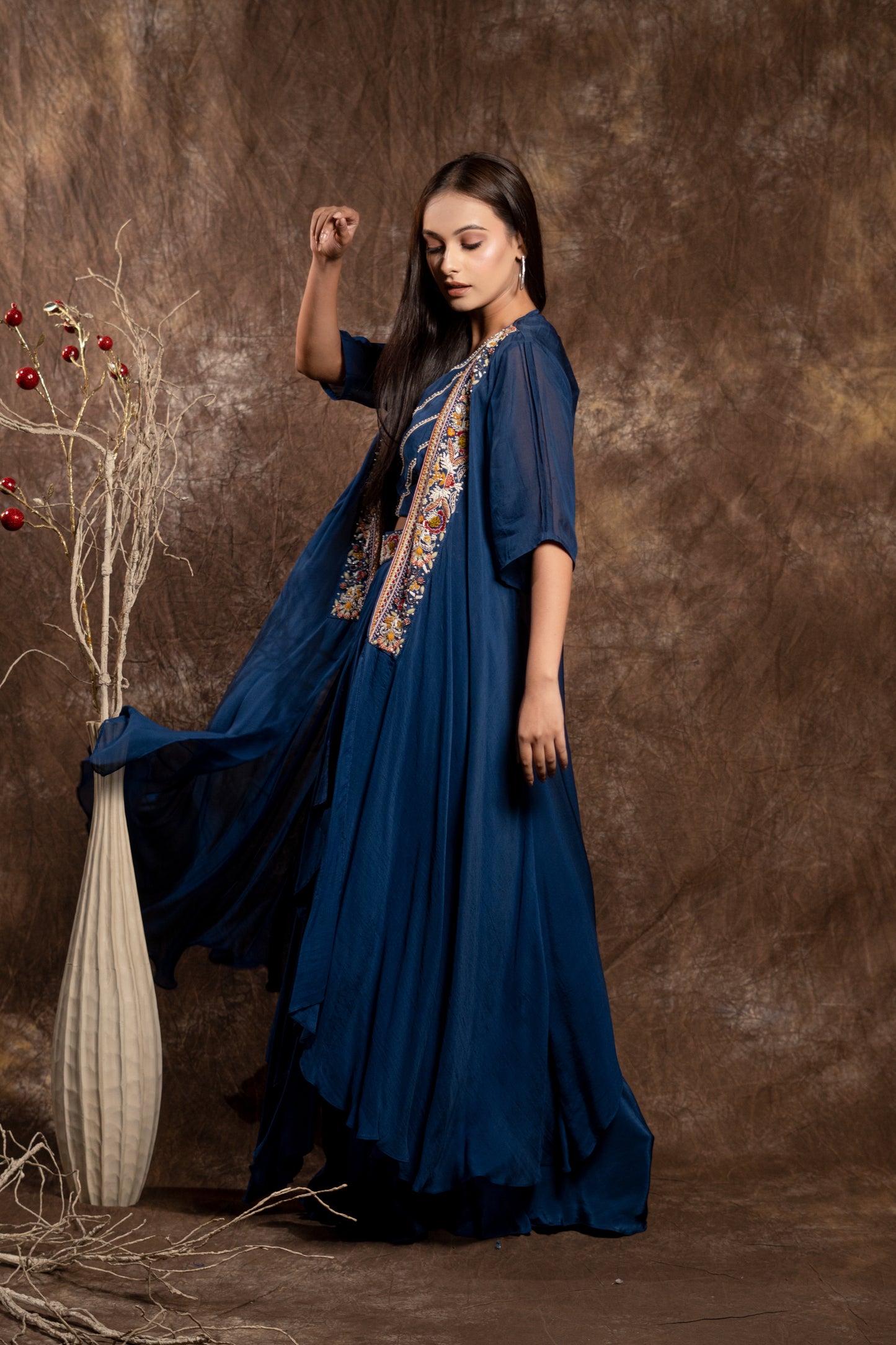 DRAPE SKIRT WITH JACKET AND SHORT BLOUSE