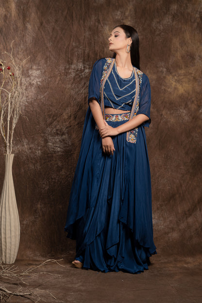 DRAPE SKIRT WITH JACKET AND SHORT BLOUSE