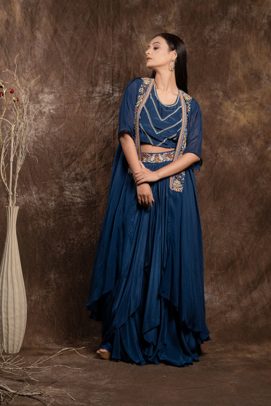 DRAPE SKIRT WITH JACKET AND SHORT BLOUSE