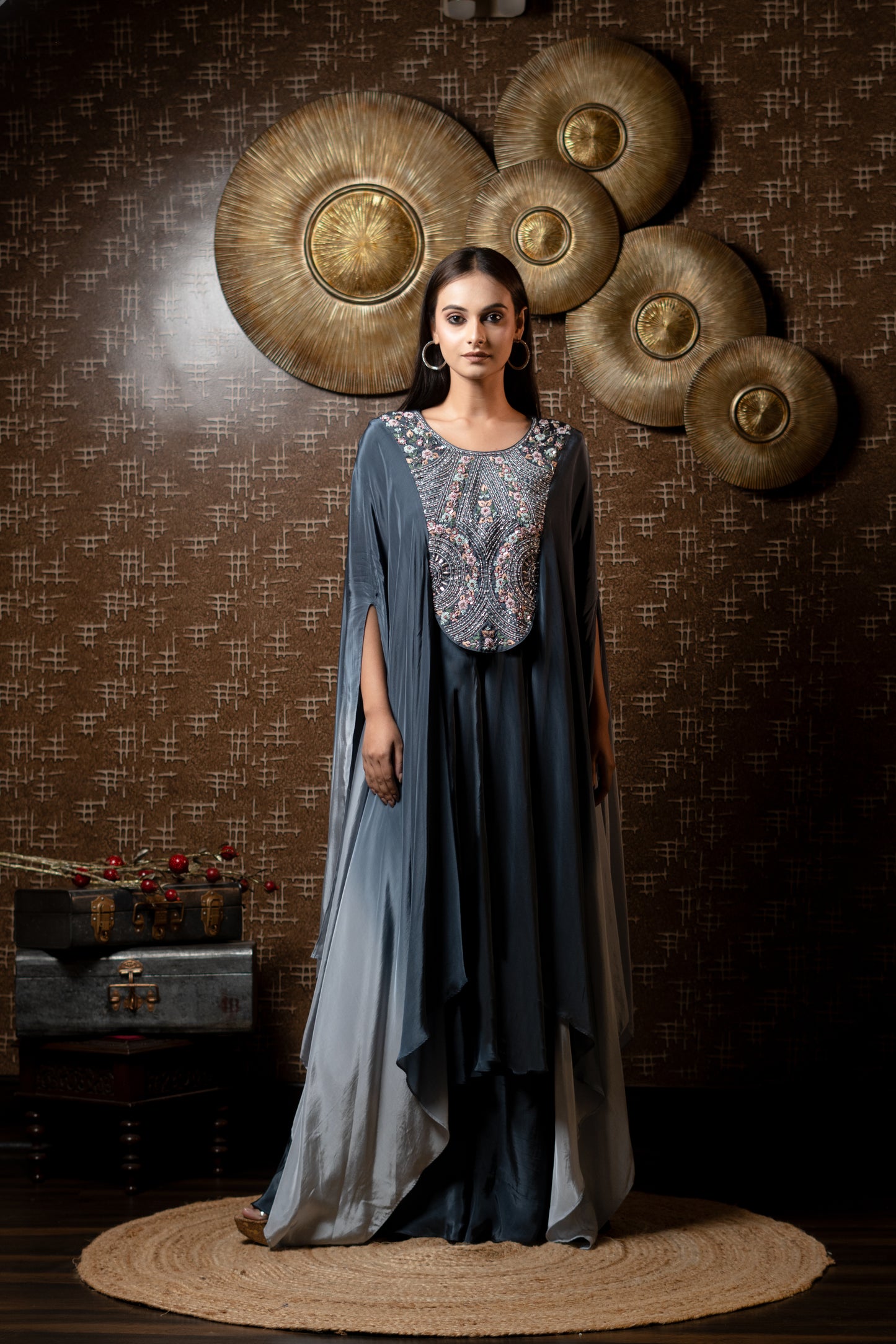 HEAVILY EMBROIDED KAFTAN PAIRED WITH DOUBLE LAYER FLAIRED PANTS