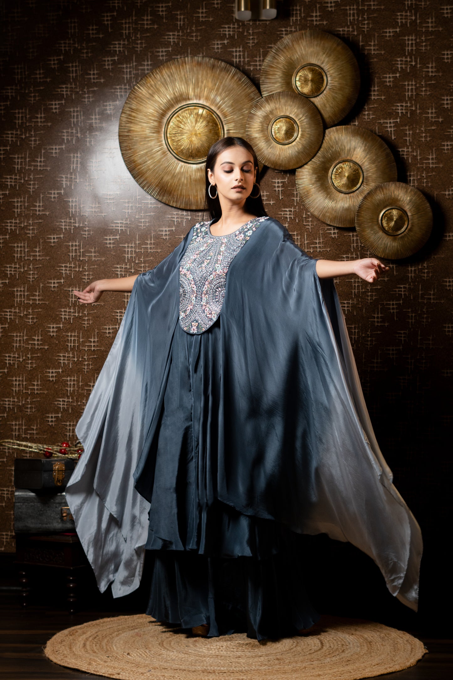 HEAVILY EMBROIDED KAFTAN PAIRED WITH DOUBLE LAYER FLAIRED PANTS