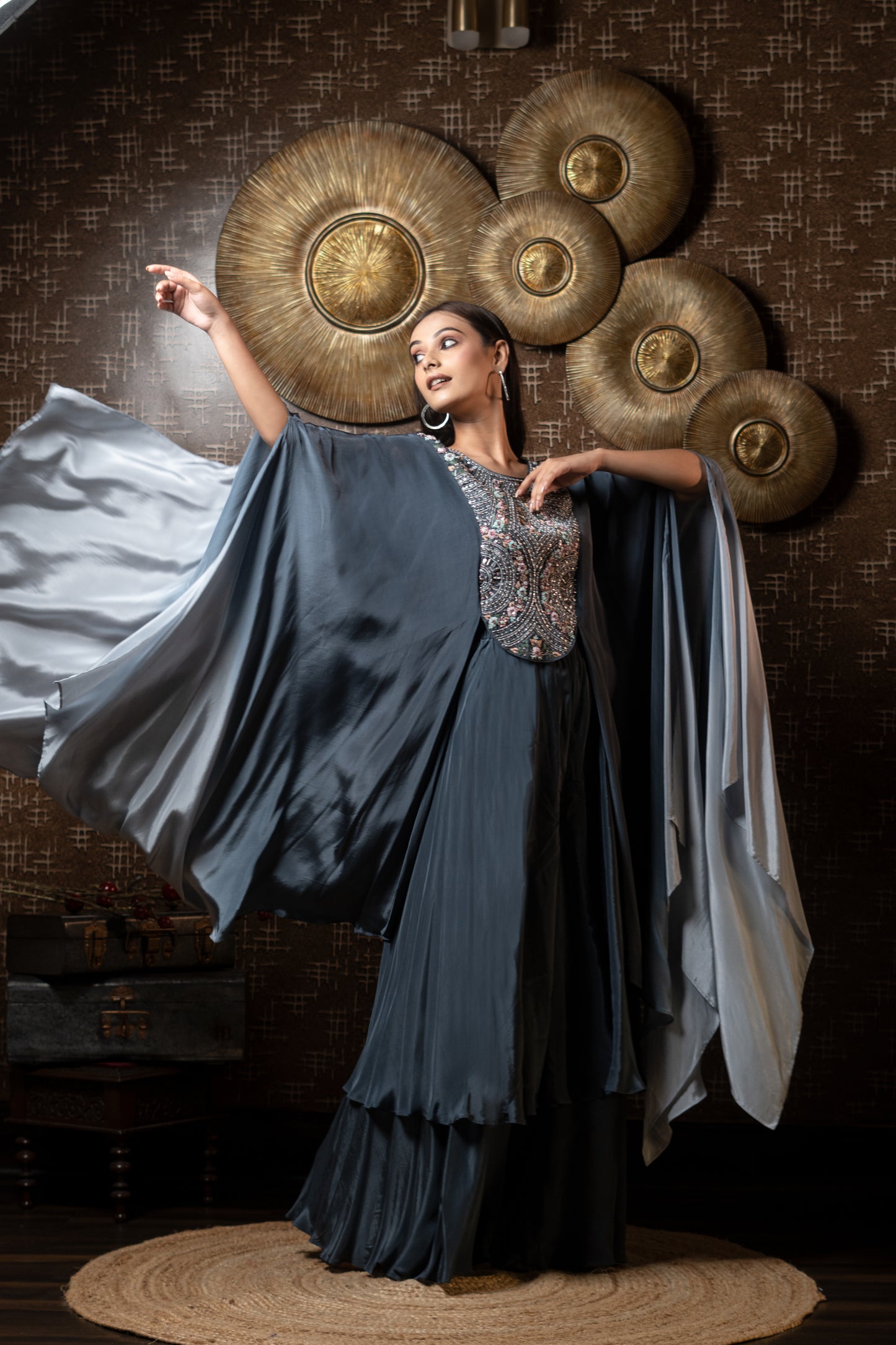 HEAVILY EMBROIDED KAFTAN PAIRED WITH DOUBLE LAYER FLAIRED PANTS