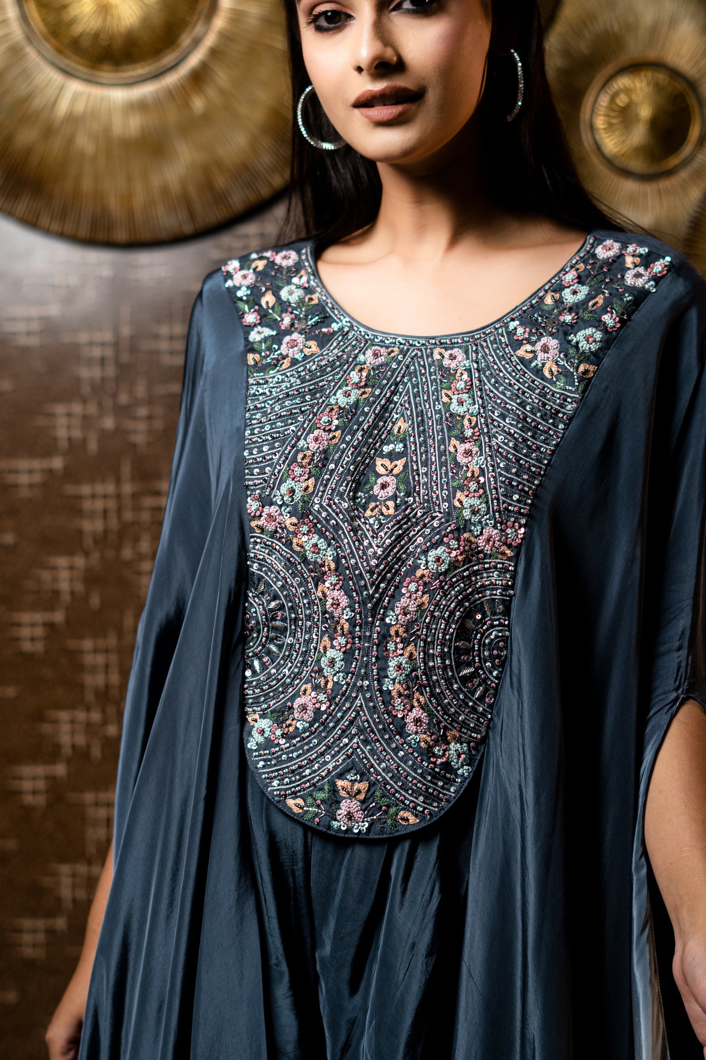 HEAVILY EMBROIDED KAFTAN PAIRED WITH DOUBLE LAYER FLAIRED PANTS