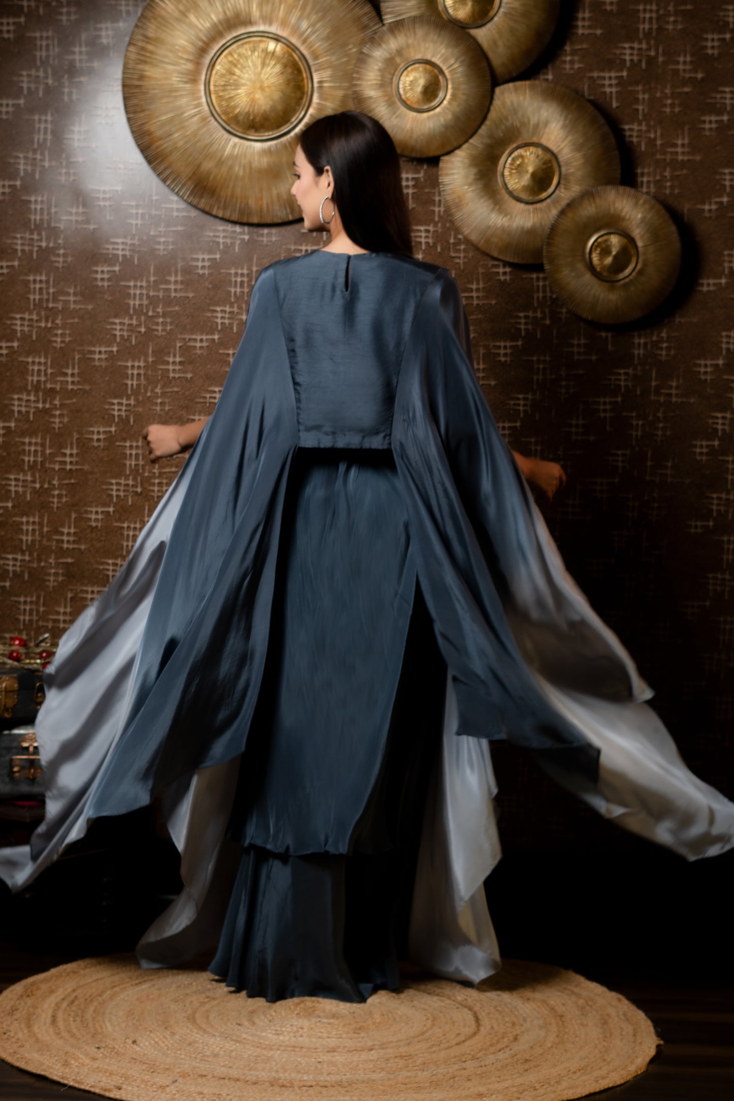 HEAVILY EMBROIDED KAFTAN PAIRED WITH DOUBLE LAYER FLAIRED PANTS