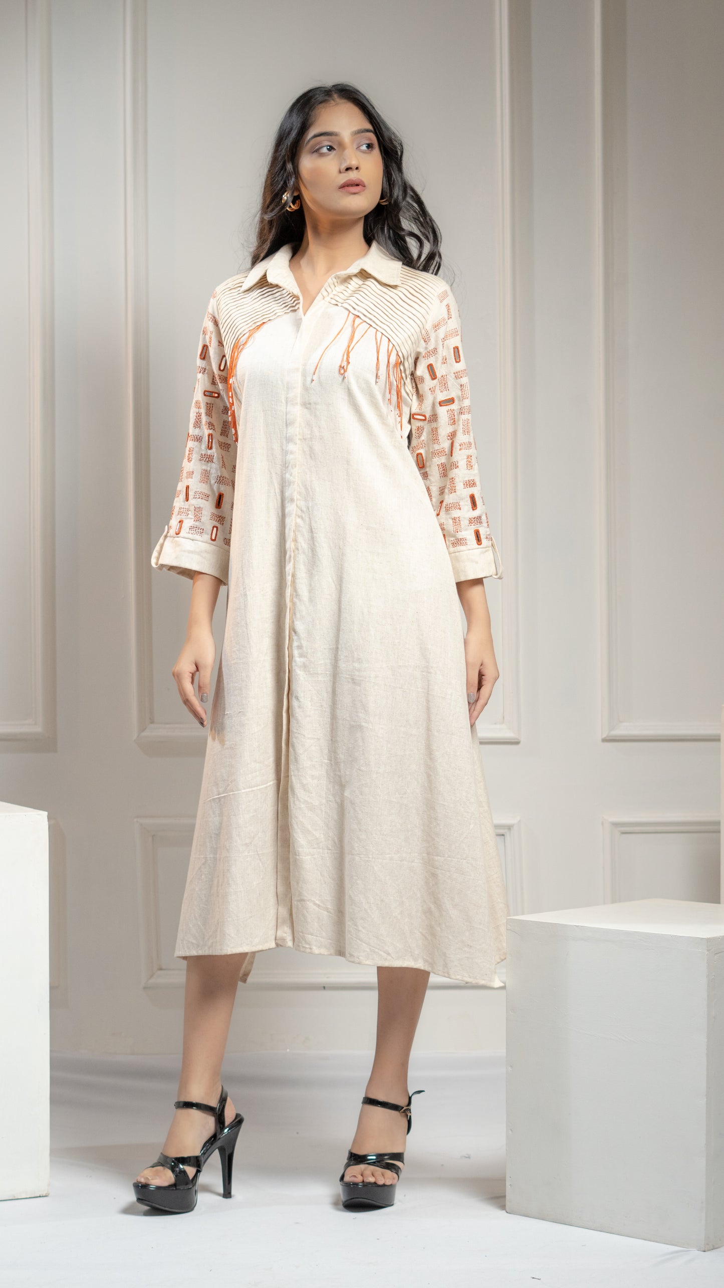 MIRROR & THREAD WORK COTTON DRESS