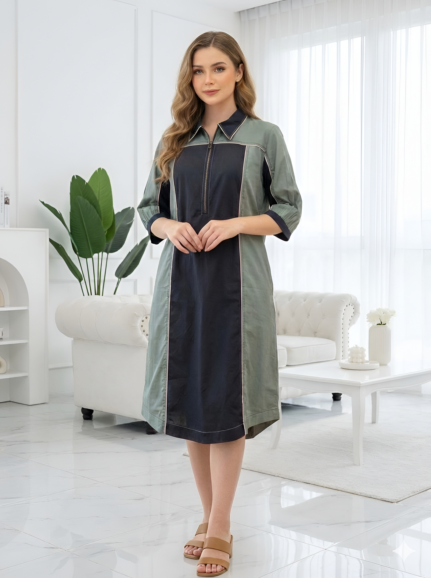 OLIVE GREEN COLOUR BLOCKING POPLIN DRESS