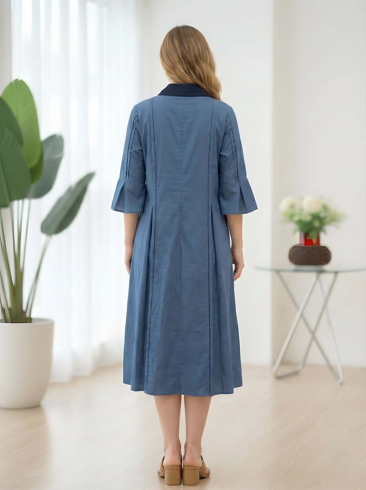 BLUE PLEATED POPLIN DRESS
