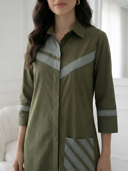 GREEN STYLISH POPLIN SHIRT DRESS