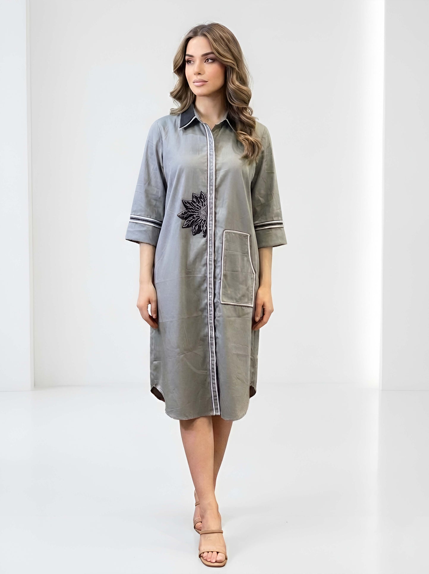 GREY DOUBLE COLLAR POPLIN DRESS