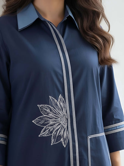 BLUE DOUBLE COLLAR POPLIN DRESS