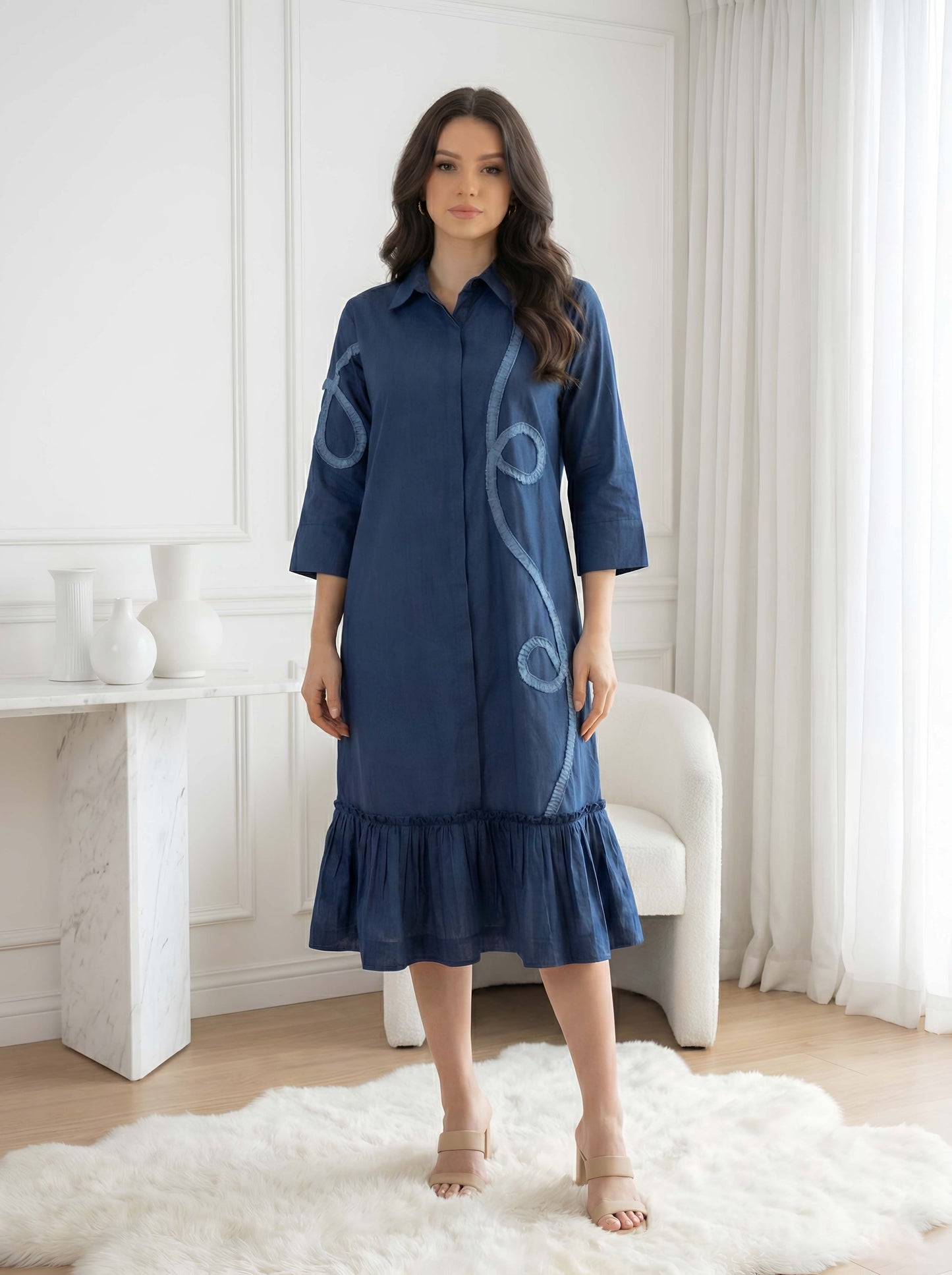 BLUE FRILL POPLIN DRESS