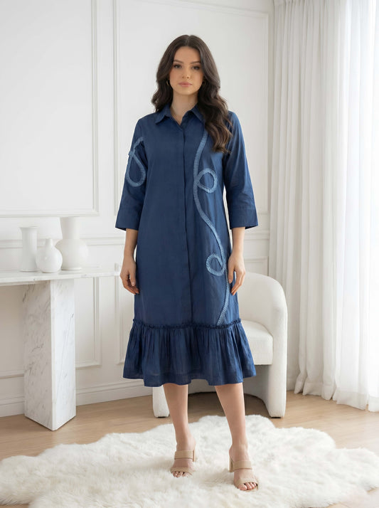 BLUE FRILL POPLIN DRESS