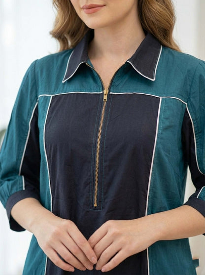 TEEL BLUE COLOUR BLOCKING POPLIN DRESS