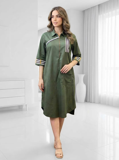 GREEN STRIPE POPLIN DRESS