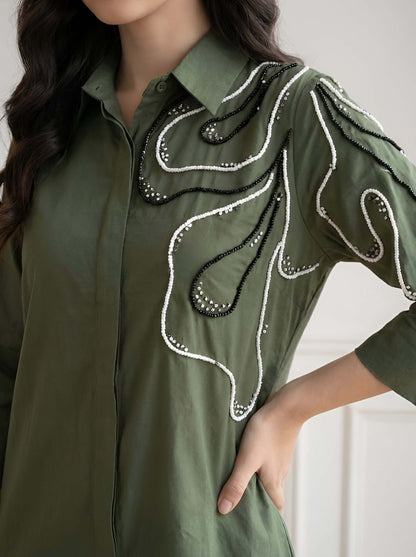 GREEN POPLIN SHIRT DRESS