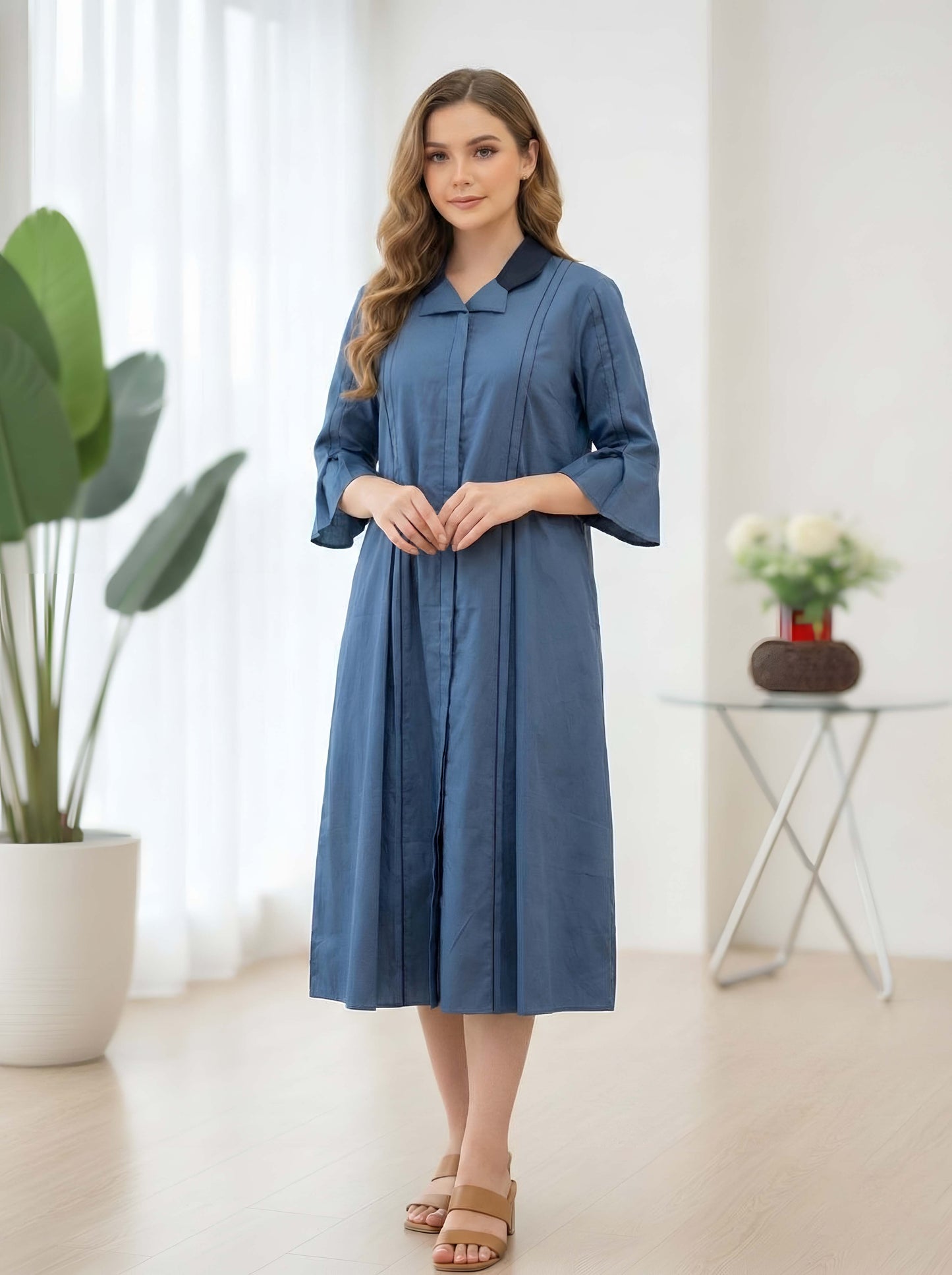 BLUE PLEATED POPLIN DRESS