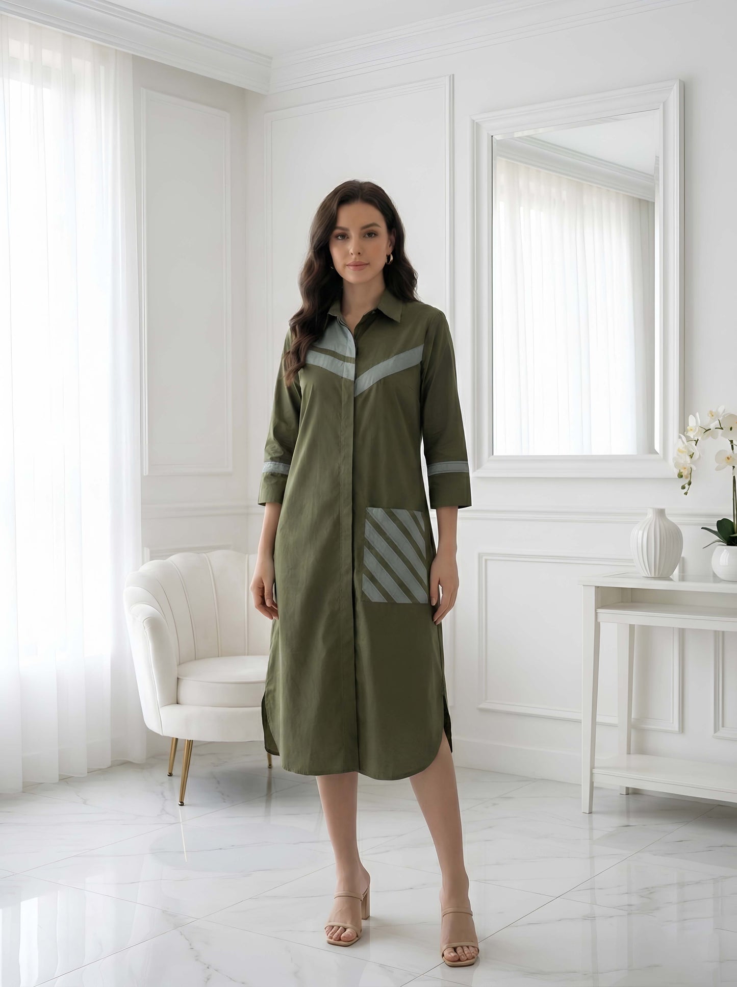 GREEN STYLISH POPLIN SHIRT DRESS