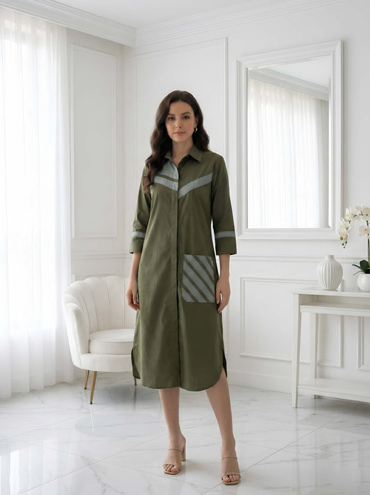 GREEN STYLISH POPLIN SHIRT DRESS