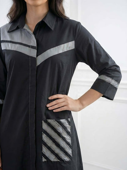 BLACK STYLISH POPLIN SHIRT DRESS