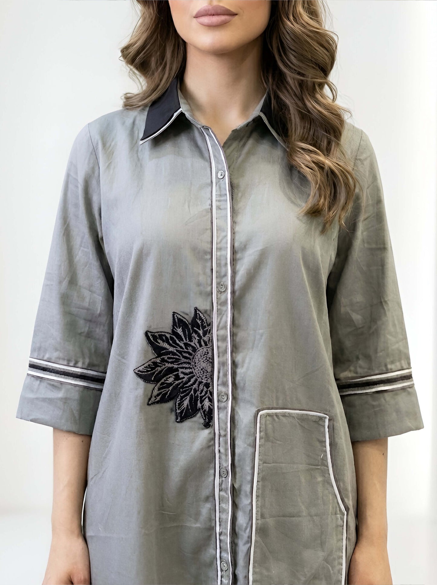 GREY DOUBLE COLLAR POPLIN DRESS