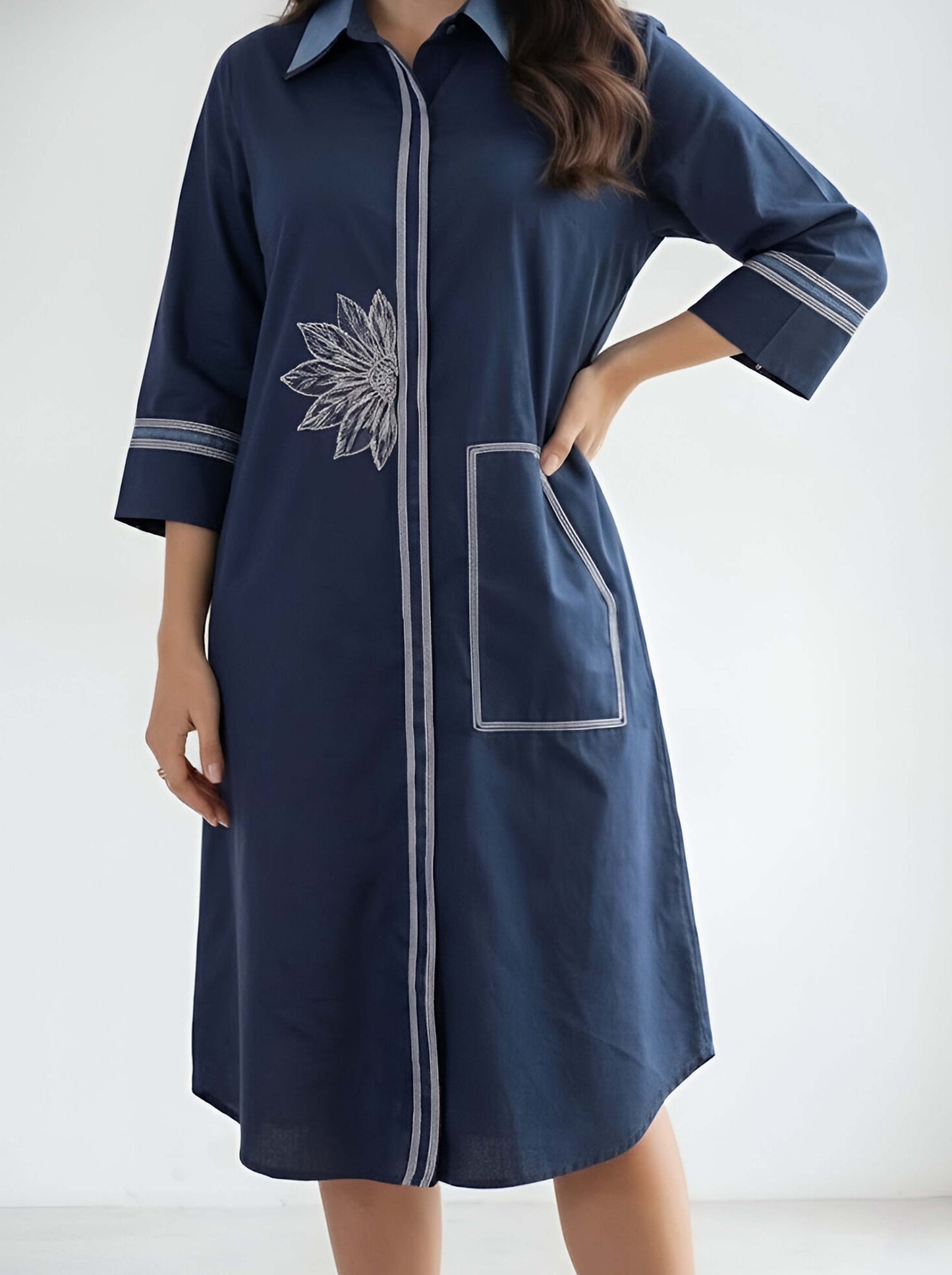 BLUE DOUBLE COLLAR POPLIN DRESS