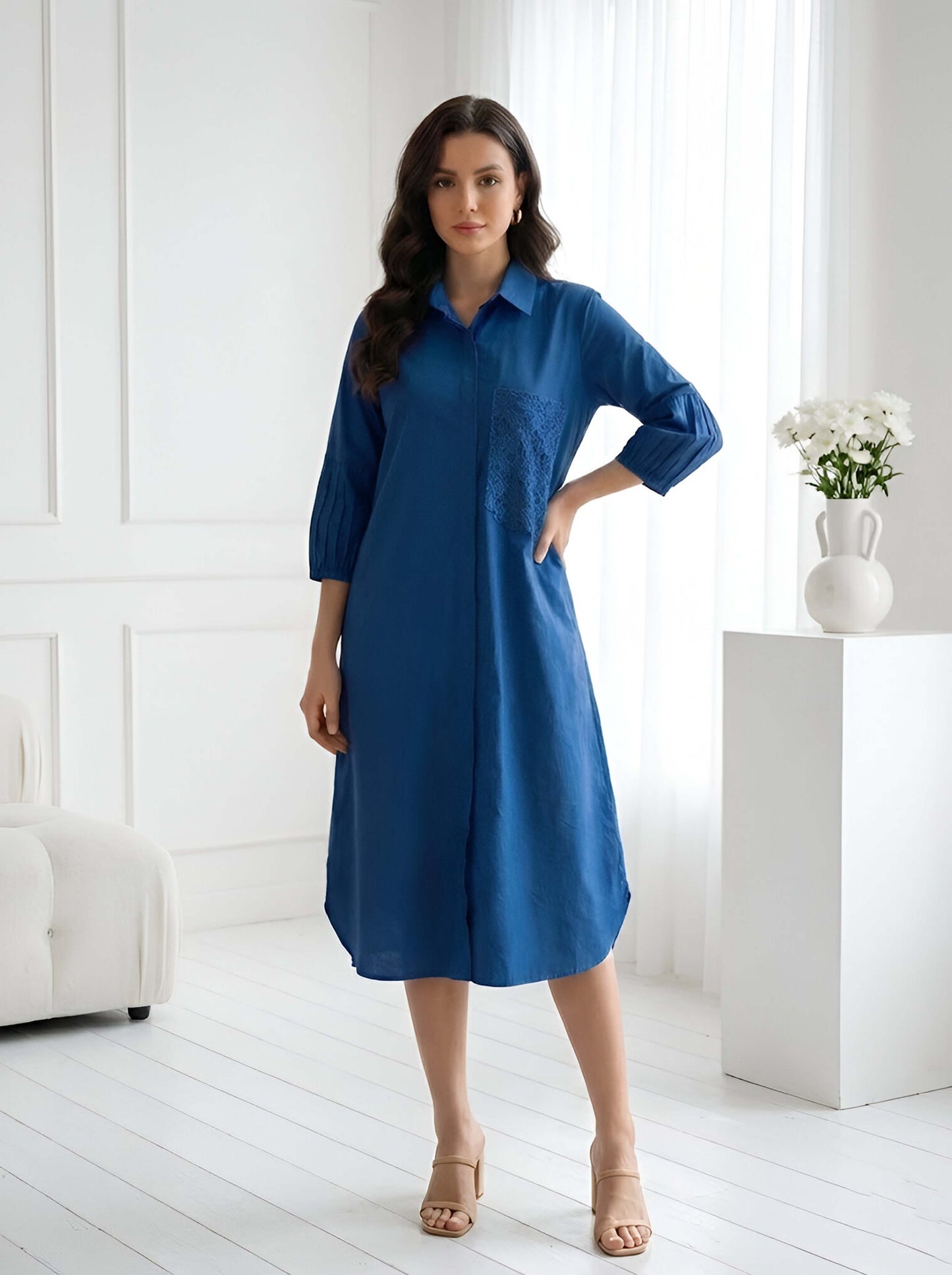 BLUE TEXTURE POPLIN DRESS