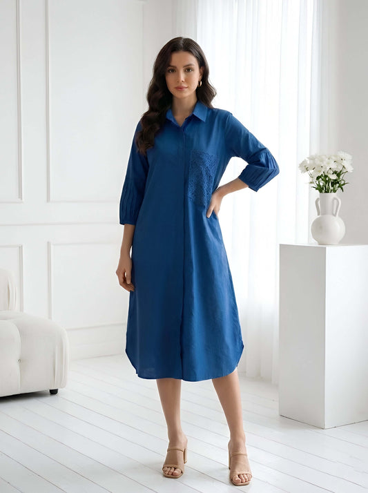 BLUE TEXTURE POPLIN DRESS