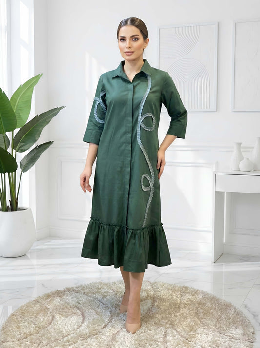 GREEN FRILL POPLIN DRESS