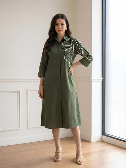 GREEN POPLIN SHIRT DRESS