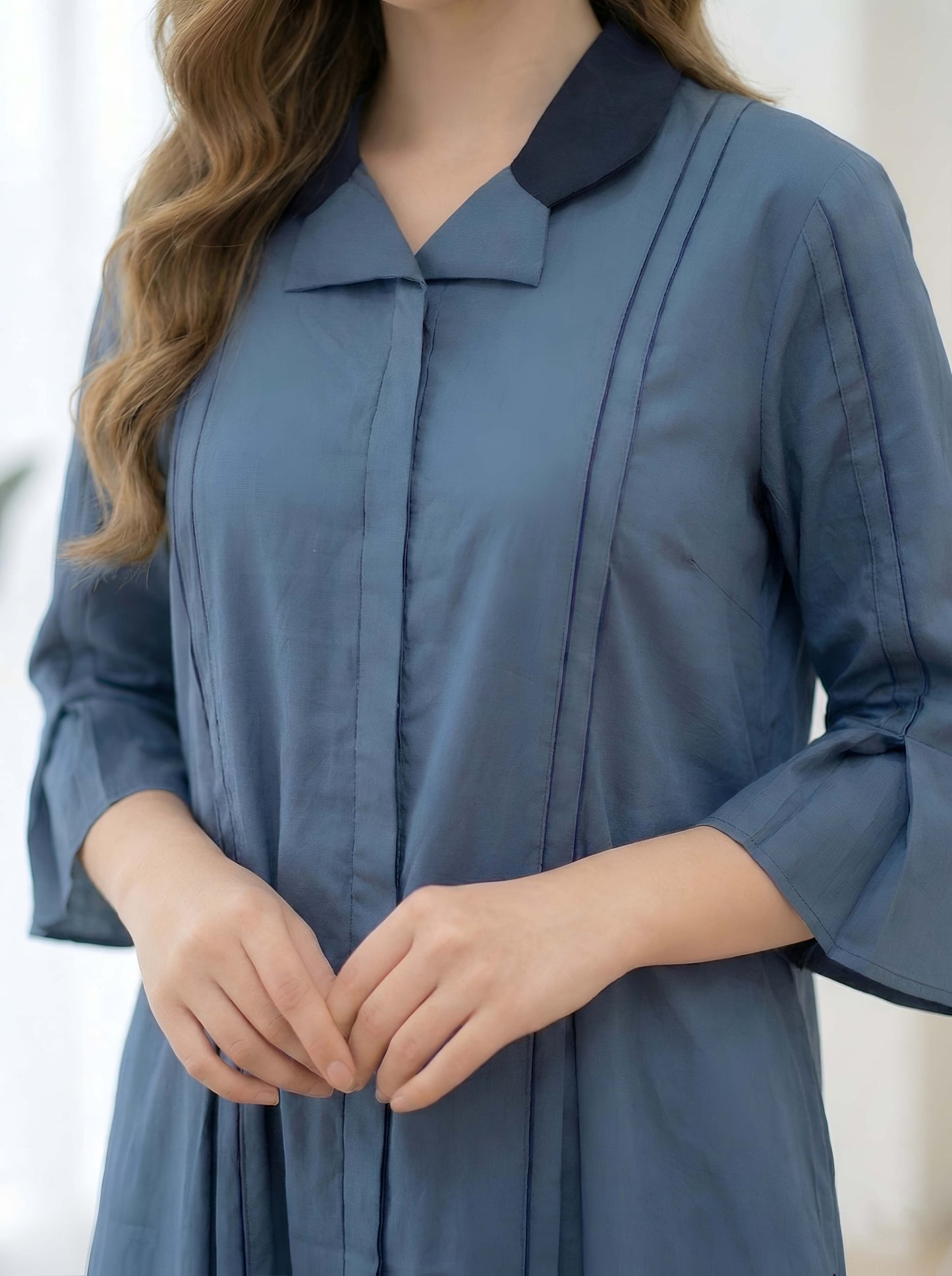 BLUE PLEATED POPLIN DRESS