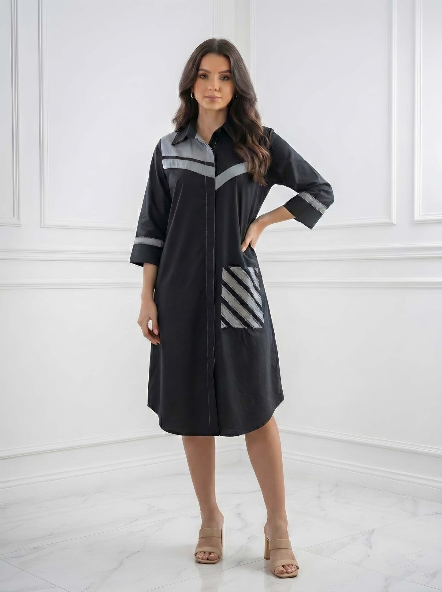 BLACK STYLISH POPLIN SHIRT DRESS