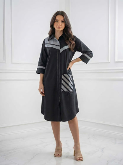 BLACK STYLISH POPLIN SHIRT DRESS