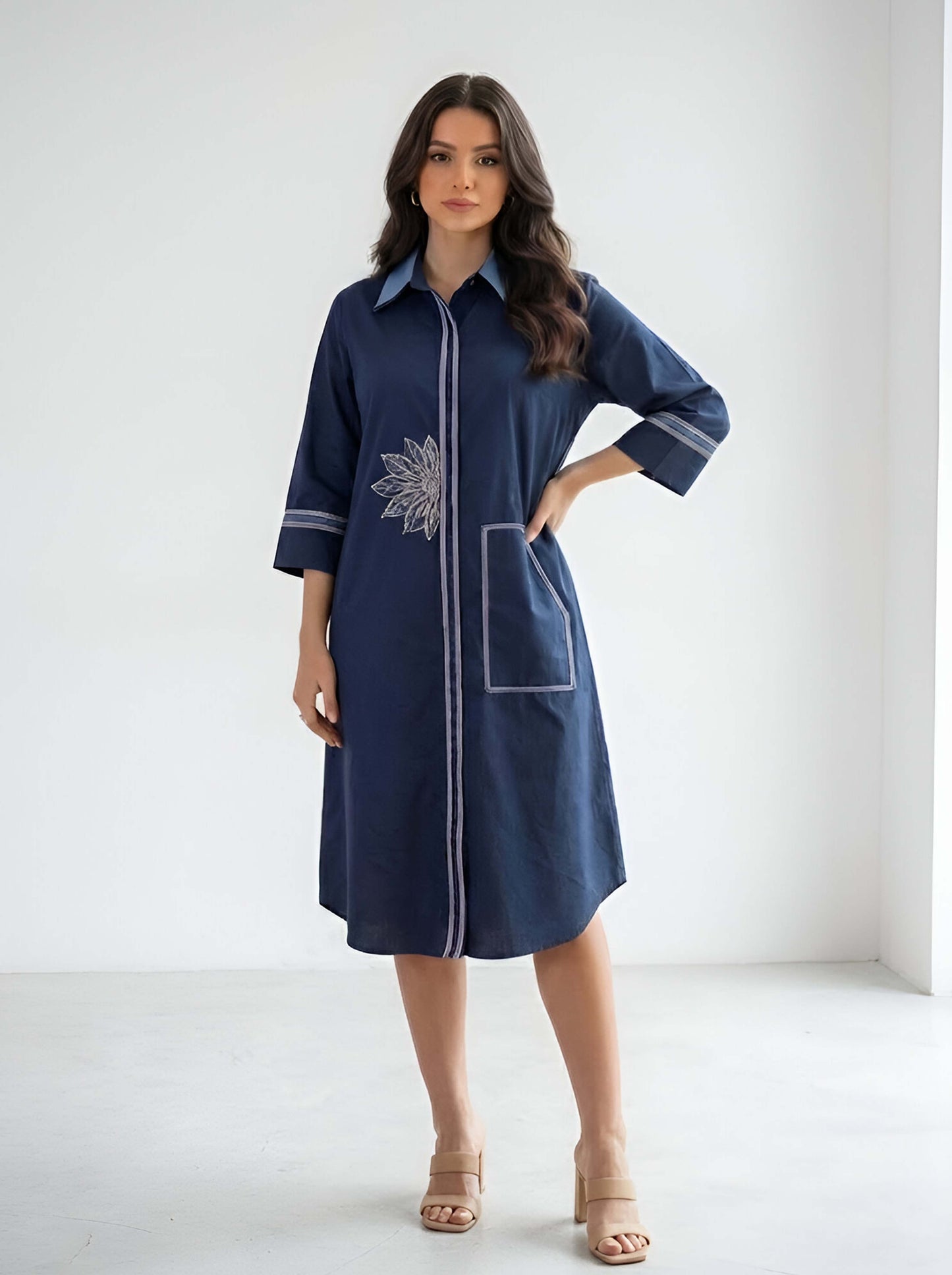 BLUE DOUBLE COLLAR POPLIN DRESS
