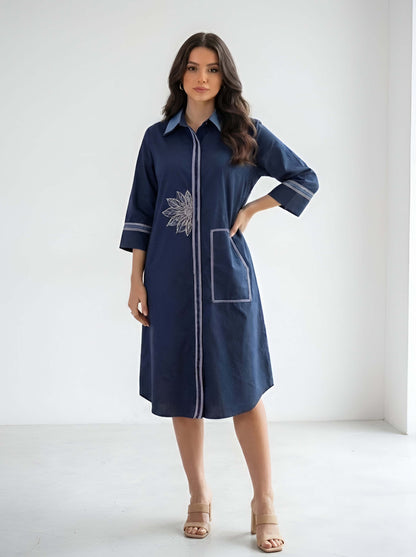 BLUE DOUBLE COLLAR POPLIN DRESS