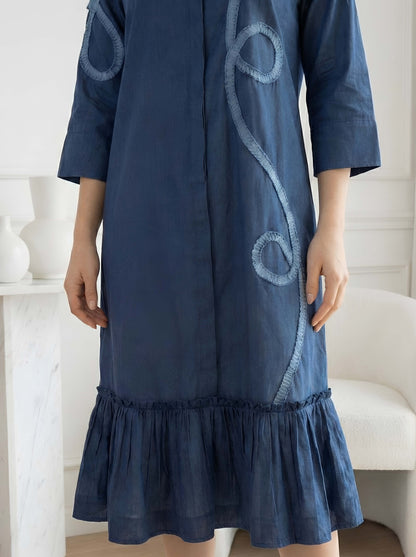 BLUE FRILL POPLIN DRESS