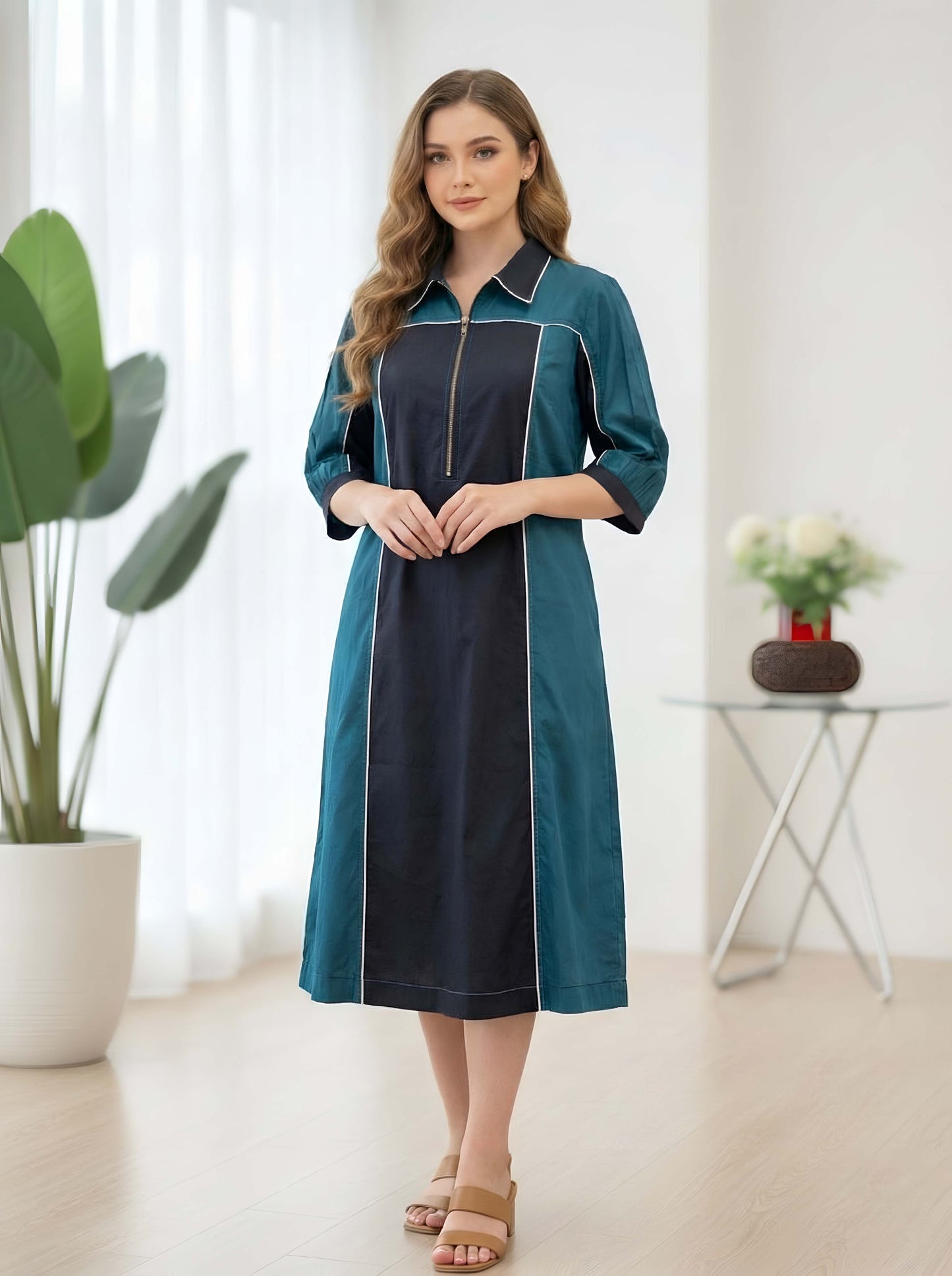 TEEL BLUE COLOUR BLOCKING POPLIN DRESS
