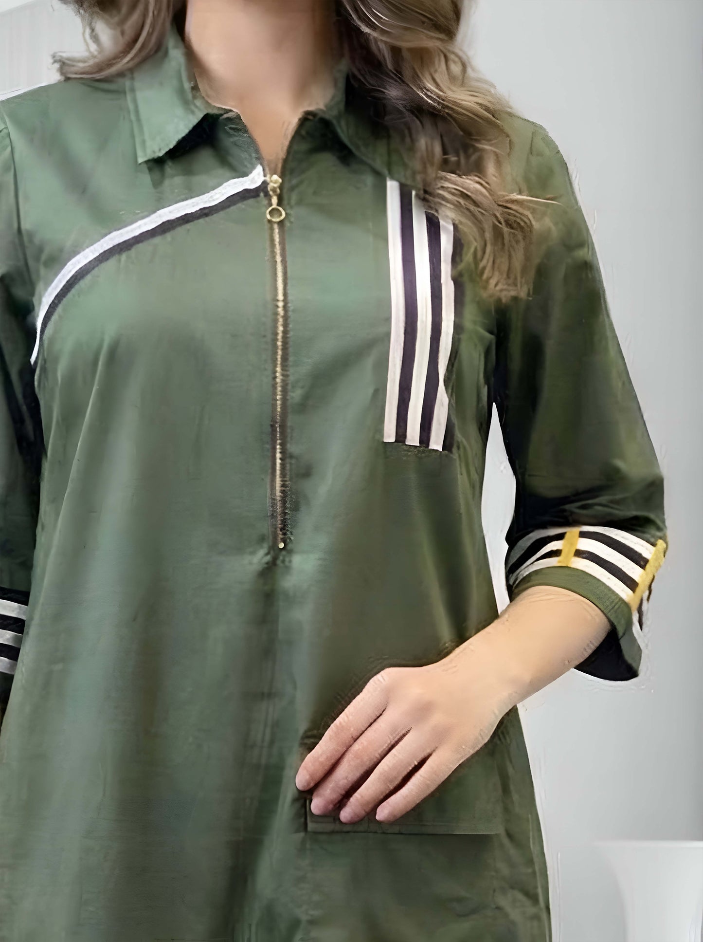 GREEN STRIPE POPLIN DRESS