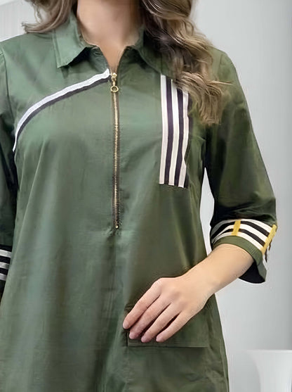 GREEN STRIPE POPLIN DRESS