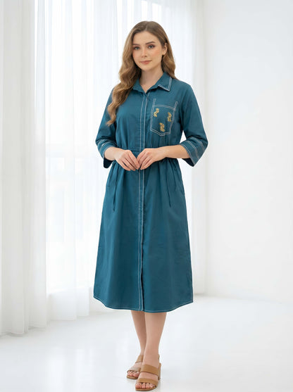 TEEL BLUE STYLISH POPLIN DRESS