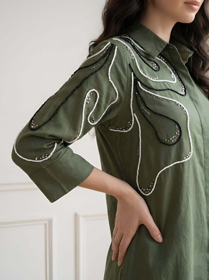 GREEN POPLIN SHIRT DRESS