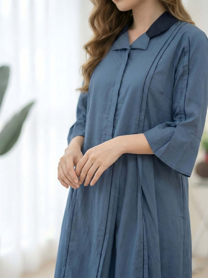 BLUE PLEATED POPLIN DRESS