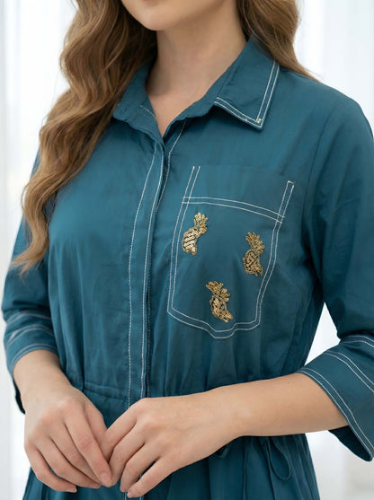 TEEL BLUE STYLISH POPLIN DRESS