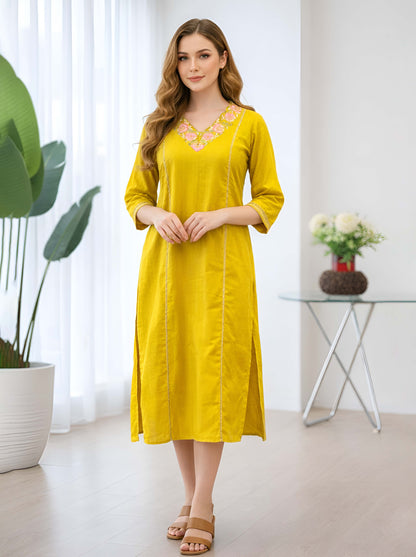 MUSTURED YELLOW EMBROIDED A LINE TUNIC WITH SIDE SLITS