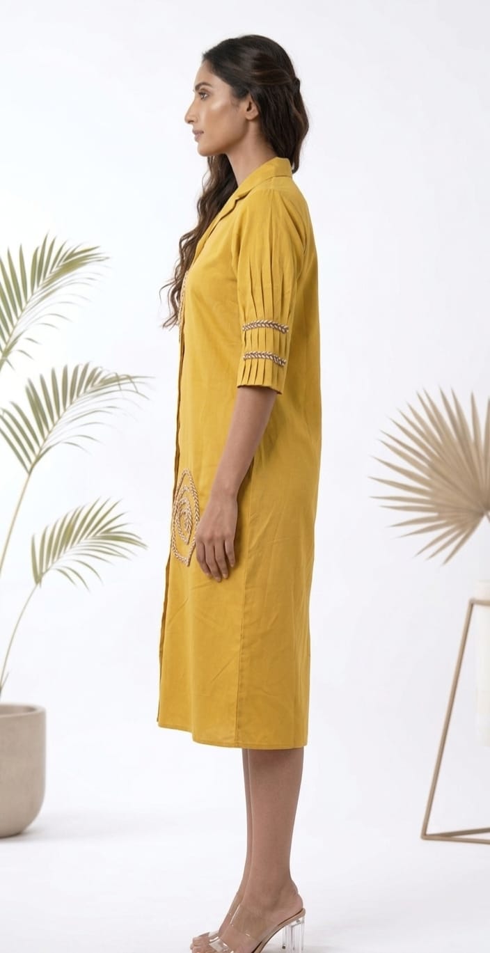 MUSTARD YELLOW COTTON MIDUM LENGTH DRESS