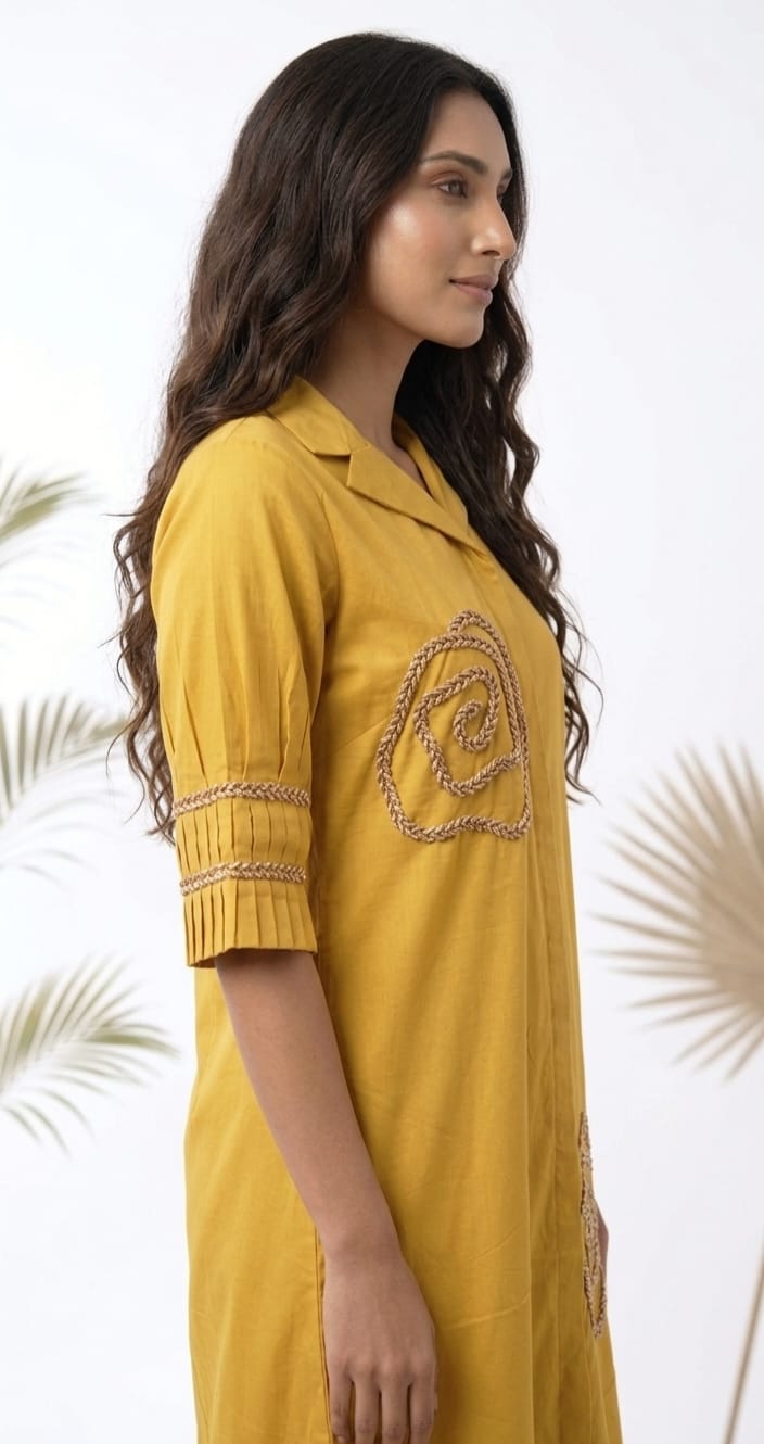 MUSTARD YELLOW COTTON MIDUM LENGTH DRESS