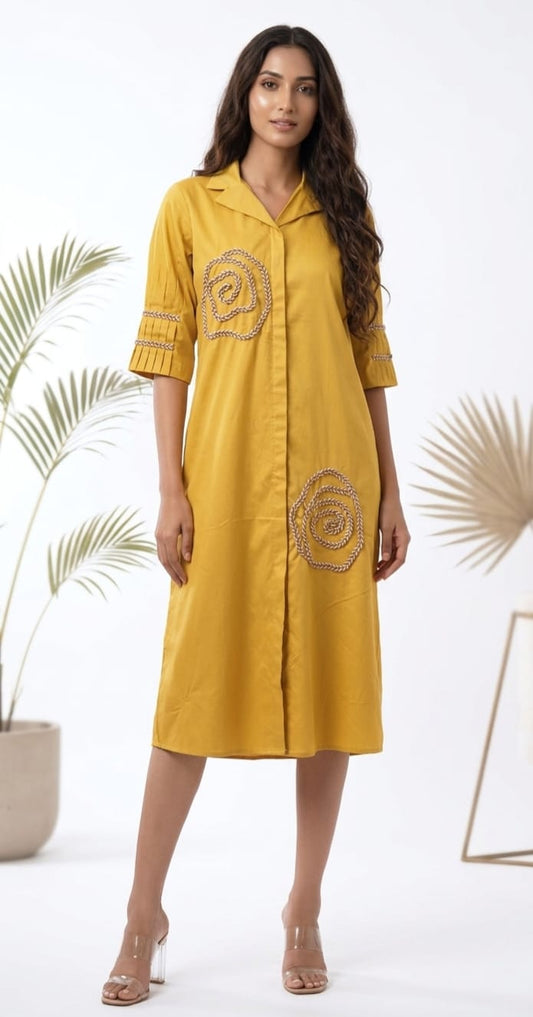 MUSTARD YELLOW COTTON MIDUM LENGTH DRESS