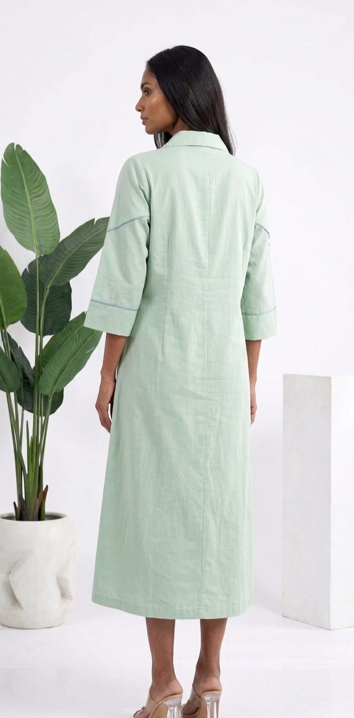 LIGHT GREEN COTTON MIDI LENGTHSHIRT DRESS