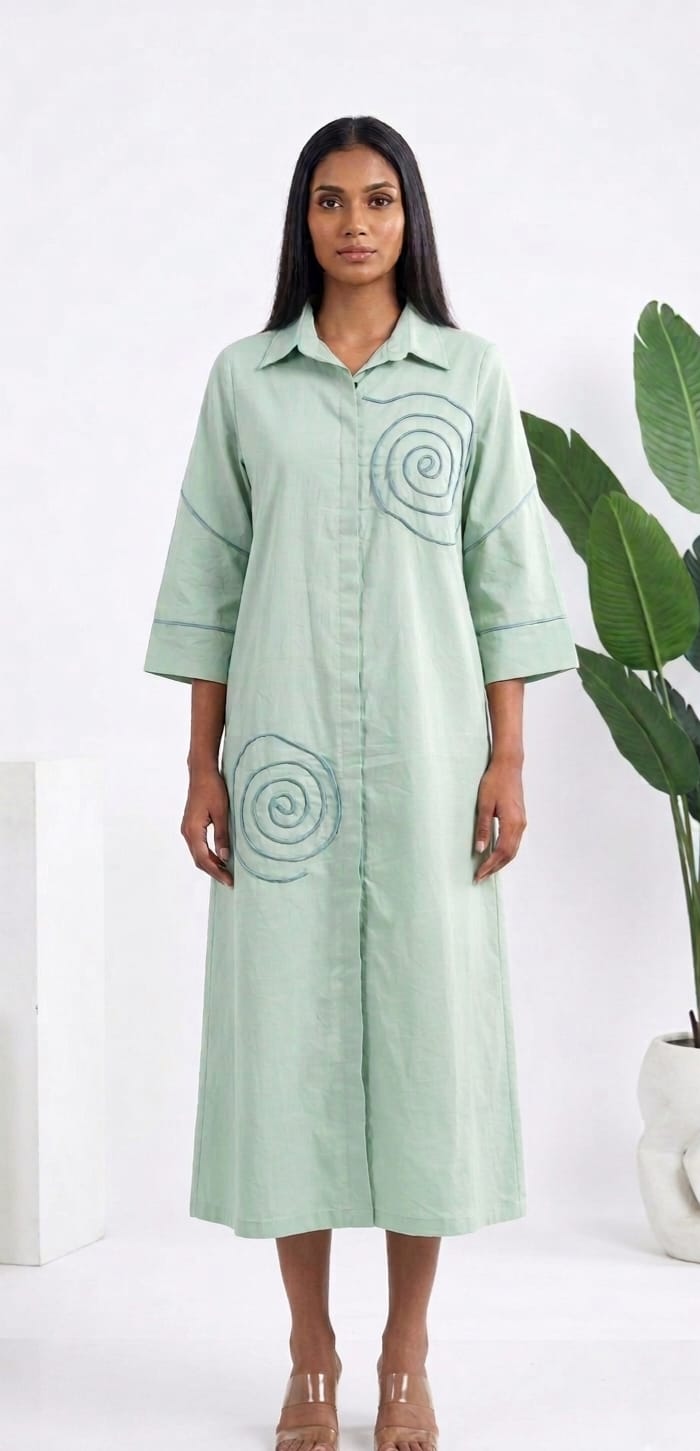LIGHT GREEN COTTON MIDI LENGTHSHIRT DRESS