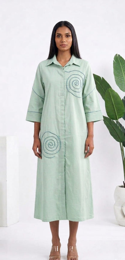 LIGHT GREEN COTTON MIDI LENGTHSHIRT DRESS